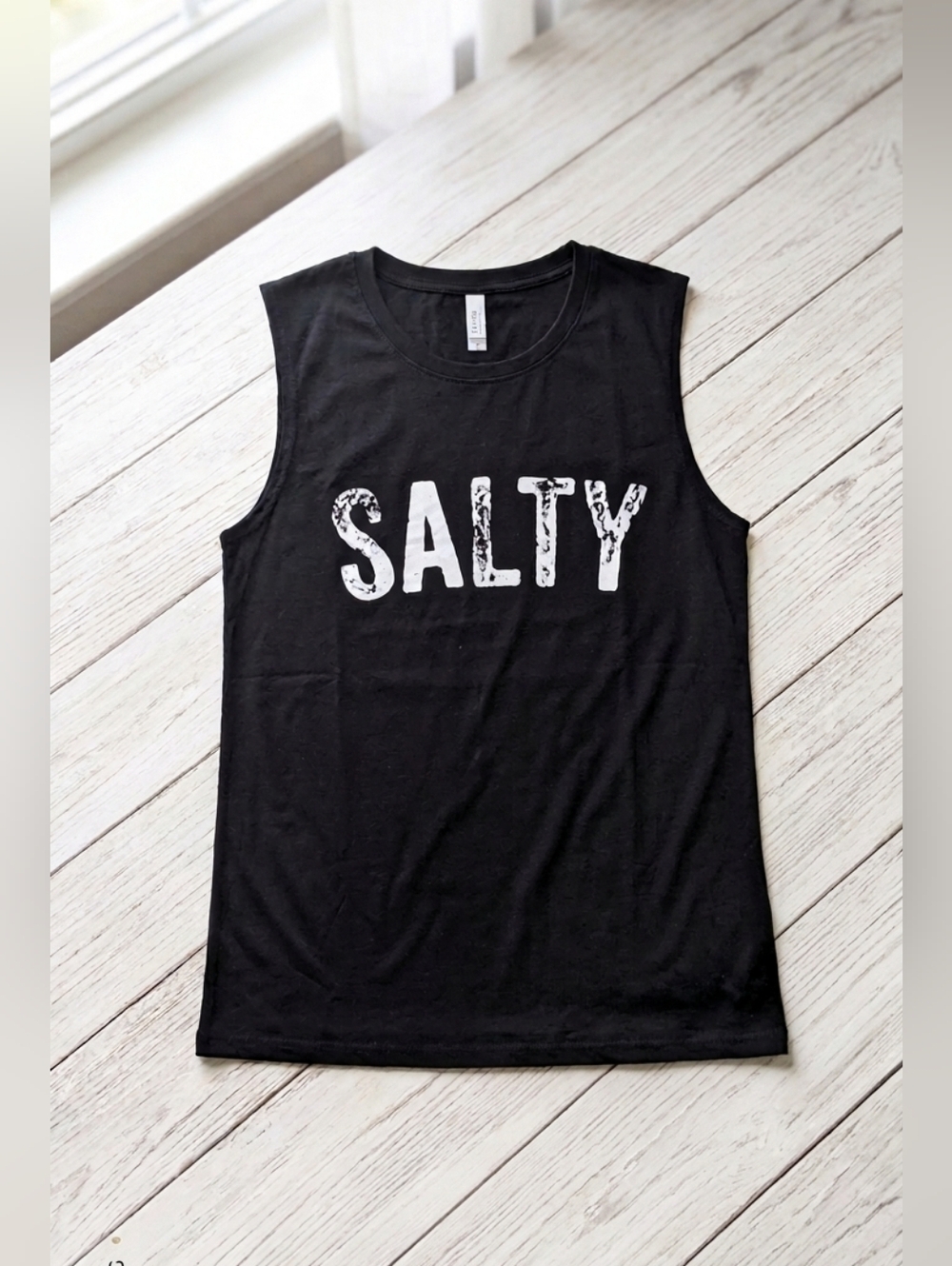 "SALTY" Black Graphic Sleeveless Tank Top - Large